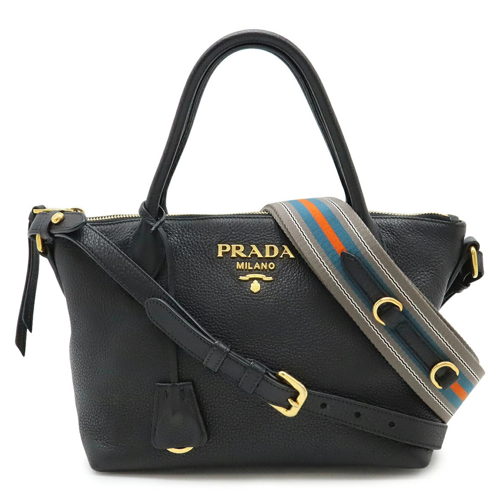 Prada Vitello Daino 2way Shoulder Bag Striped NERO Black